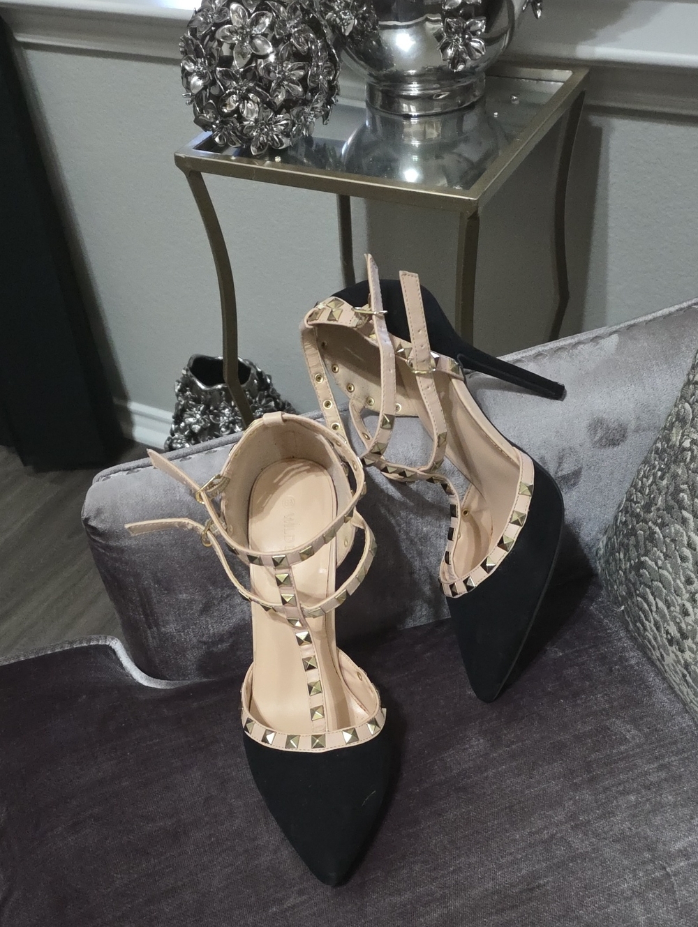 Studded T-Strap Pointed Toe Pumps in Black and Nude